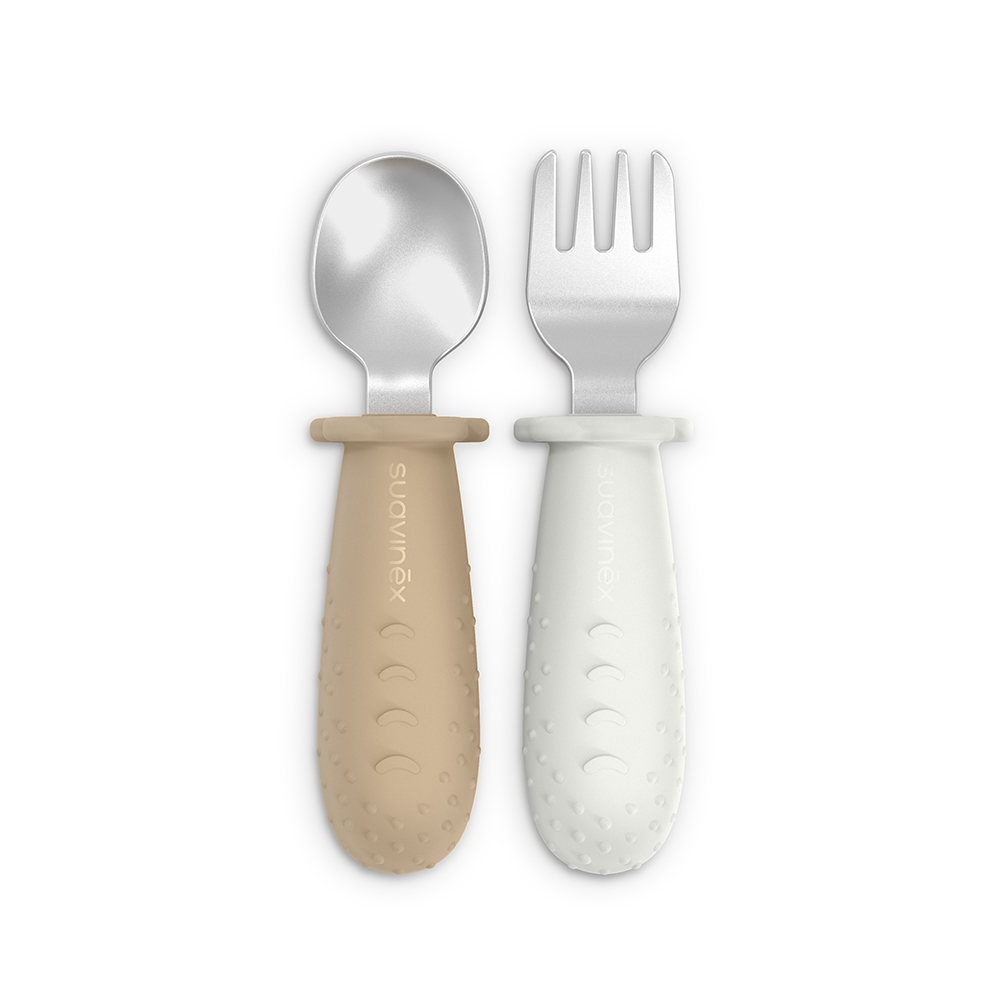 SU402924-Suavinex-Set-Posate-Ergonomiche-in-Acciaio-Color-Essence-Beige Set posate evolutive acciaio inox 2 pz Suavinex - immagine 1