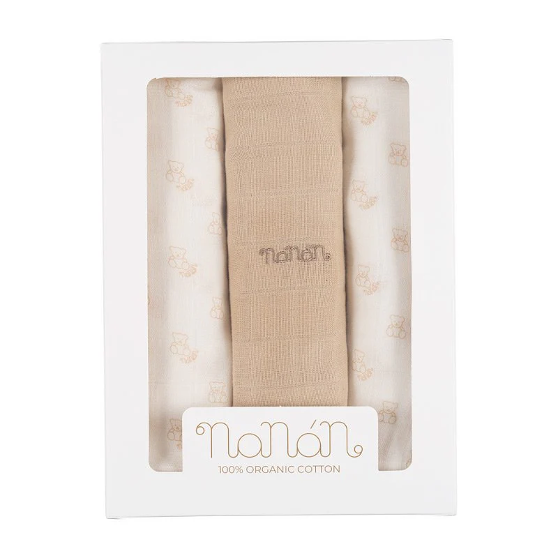 N061BE_1 MUSSOLE 3PZ ALL OVER ORSETTI 80x80 BIANCO TORTORA NANAN - immagine 1